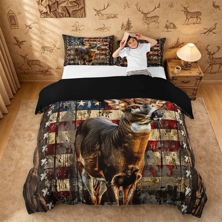 meiyoeat Vintage Flag Deer Duvet Cover King, Rustic Hunting Print King Bedding For Boys,Black Reversible,3pcs(No Comforter)