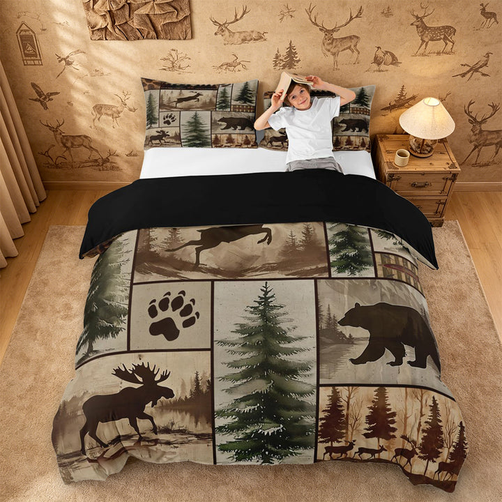 meiyoeat Rustic Farmhouse Cabin Duvet Cover King For Boys,Jungle Wildlife Deer Bear King Bedding For Kids,Black Reversible,3pcs(No Comforter)