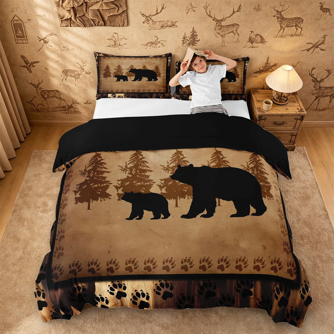 meiyoeat Vintage Bear Silhouette Duvet Cover King For Kids, Rustic Paw Print King Bedding For Men,Black Reversible,3 Pieces(No Comforter)