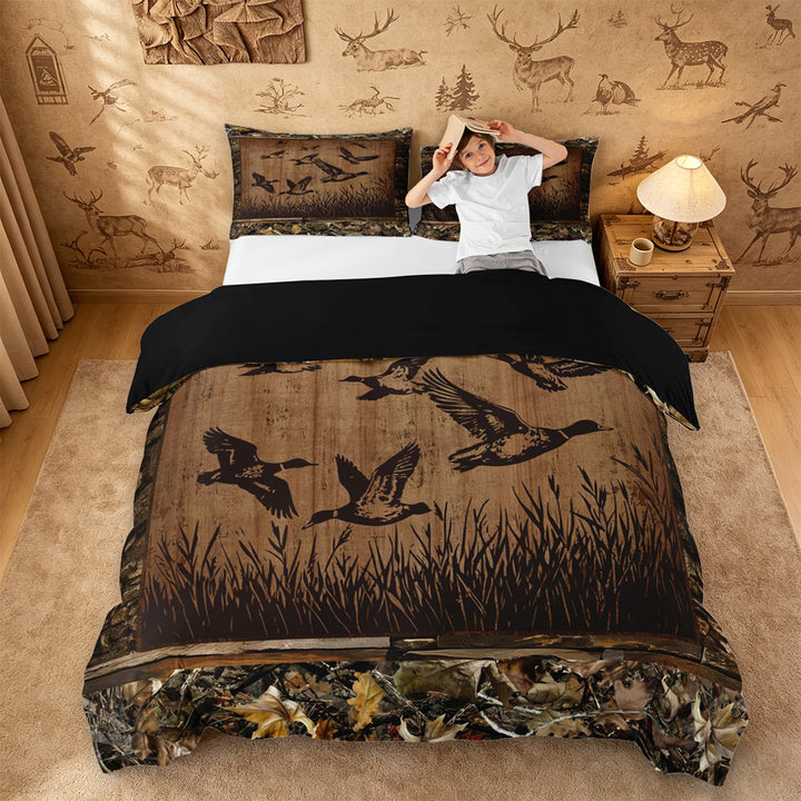 meiyoeat Rustic Duck Silhouette Duvet Cover King, Vintage Farmhouse Hunting King Bedding For Men Women,Black Reversible,3pcs(No Comforter)