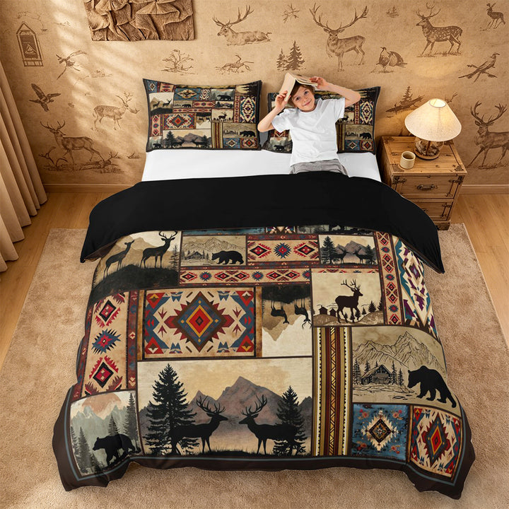 meiyoeat Retro Aztec Geometric Print Duvet Cover King For Boys,Jungle Animal Deer King Bedding For Kids,Black Reversible,3 Pieces(No Comforter)