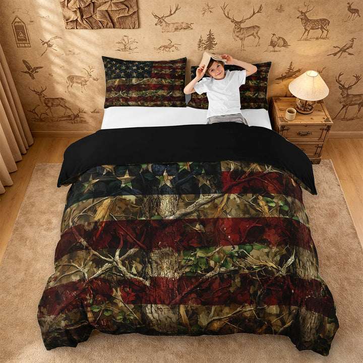 meiyoeat Camo American Flag Duvet Cover King For Kids, Rustic Wood Print King Bedding For Boys,Black Reversible,3-Piece(No Comforter)