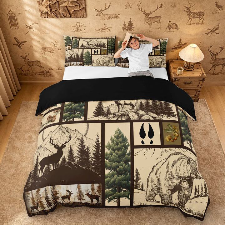 meiyoeat Retro Woodland Deer Duvet Cover King For Adults,Rustic Mountain Bear Pine King Bedding For Men,Black Reversible,3-Piece(No Comforter)