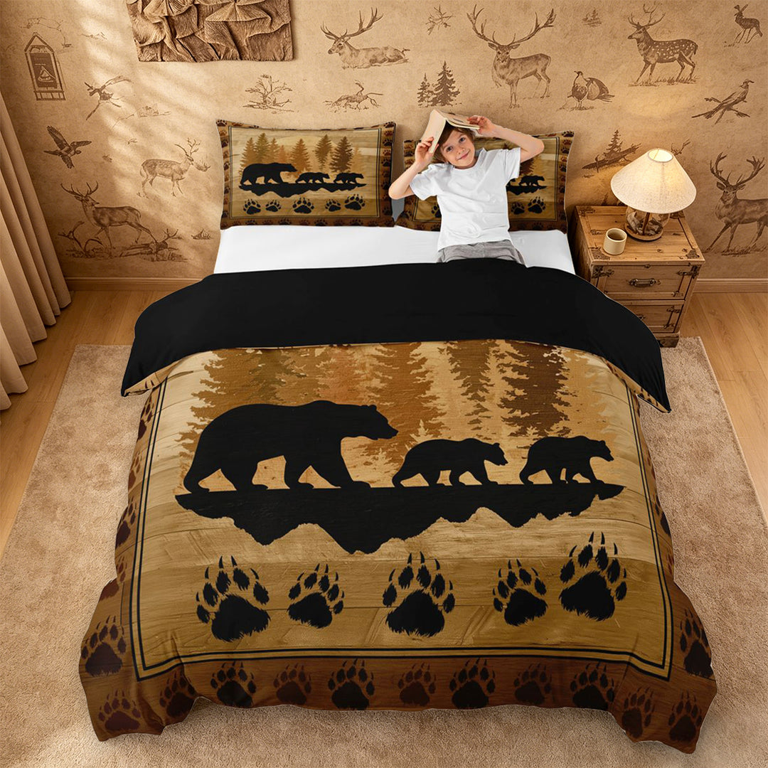 meiyoeat Safari Animal Bear Duvet Cover King For Kids,Vintage Farmhouse Lodge King Bedding For Boys,Black Reversible,3-Piece(No Comforter)