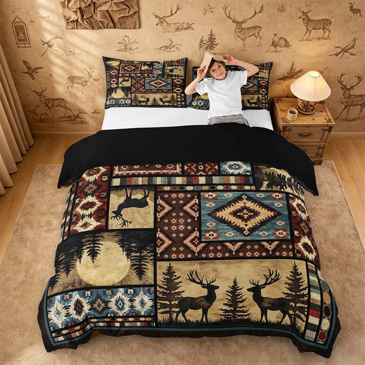 meiyoeat Southwestern Bear Deer Duvet Cover King,Bohemian Exotic Style Aztec Geometric King Bedding For Boys Kids,Black Reversible,3 Pieces(No Comforter)