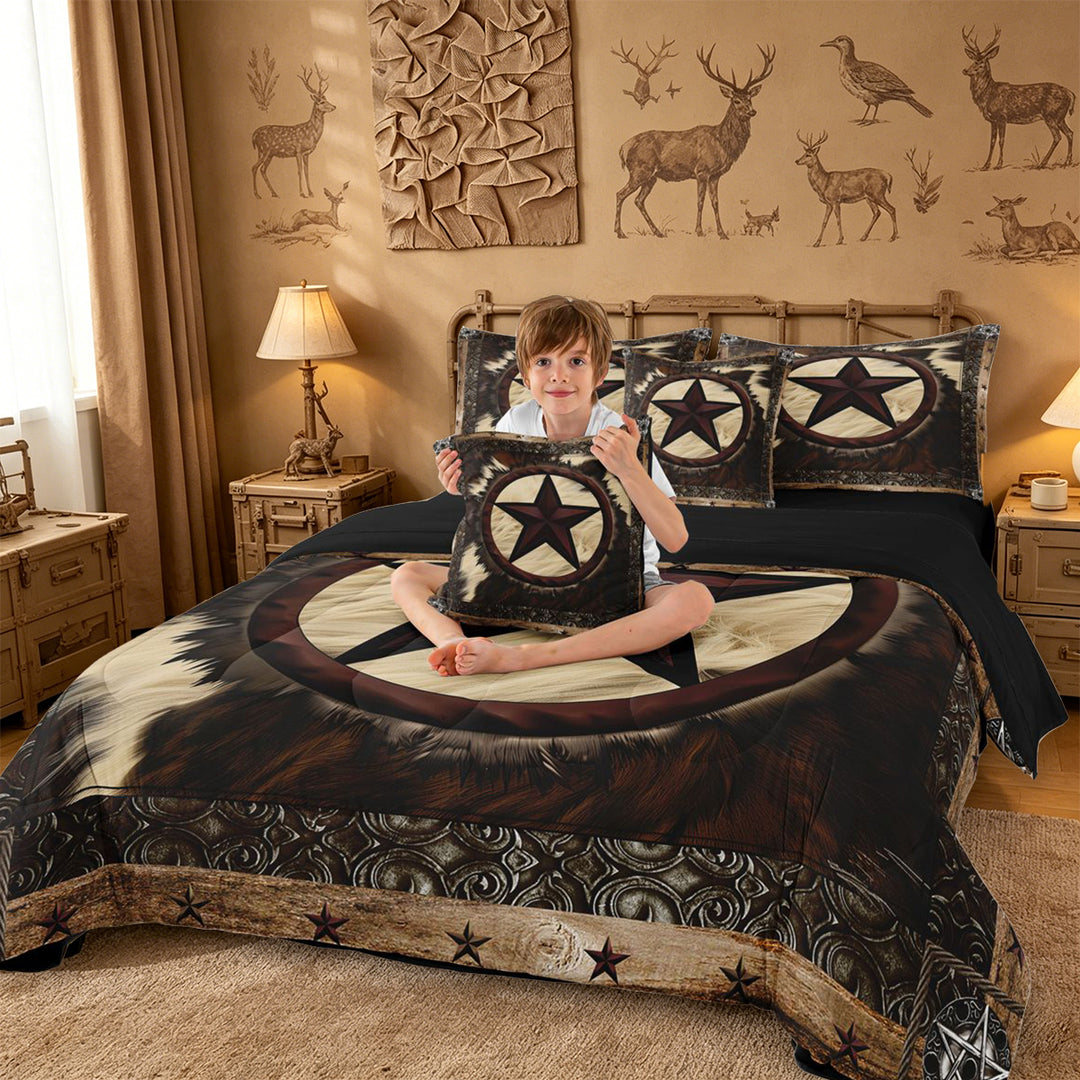 meiyoeat Vintage Cattle Hide 7-Piece King Bedding For Boys,Rustic Western Cowboy King Bed in a Bag For Kids,Black Reversible