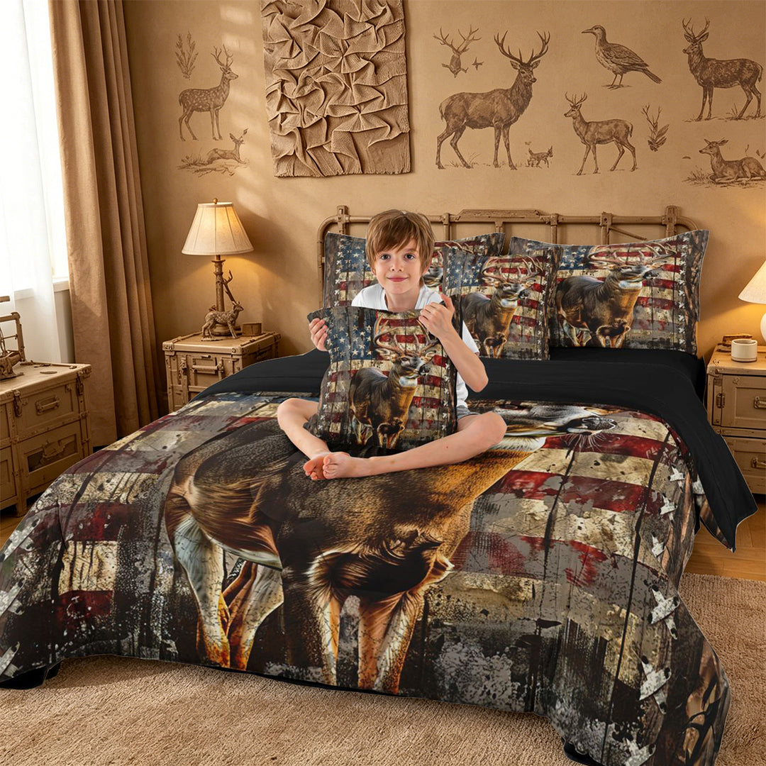 meiyoeat Vintage Flag Deer 7-Piece King Bedding, Rustic Hunting Print King Bed in a Bag For Boys,Black Reversible