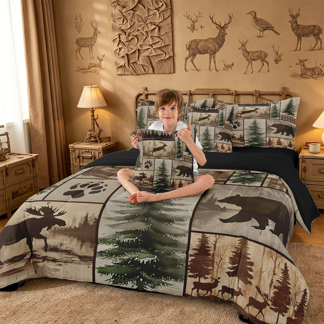 meiyoeat Rustic Farmhouse Cabin 7-Piece King Bedding For Boys,Jungle Wildlife Deer Bear King Bed in a Bag For Kids,Black Reversible
