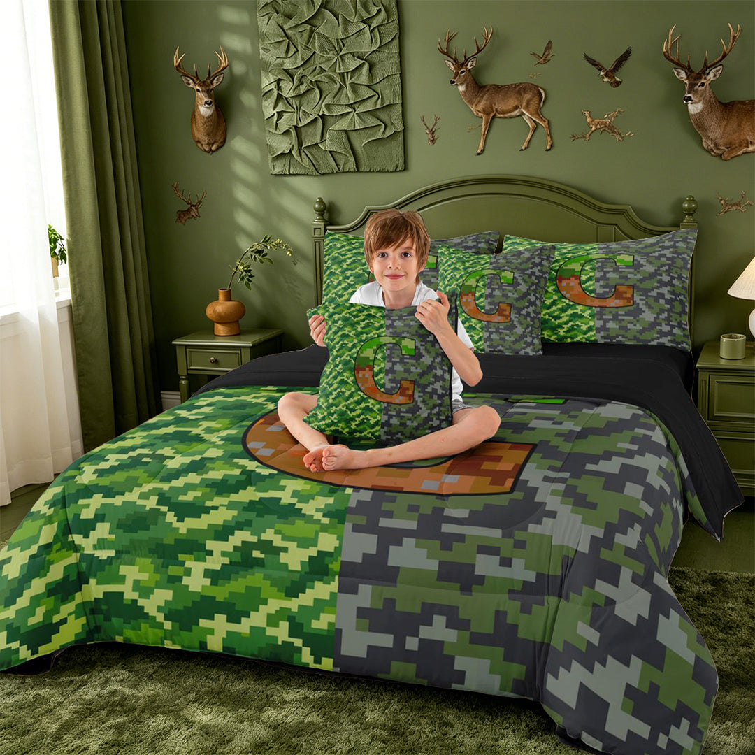 meiyoeat Pixel Game Monogrammed G 7 Pieces Full Size Bedding Sets For Boys,Abstract Geometric Grid Camouflage Print Full Size Bed in a Bag,Black Reversible