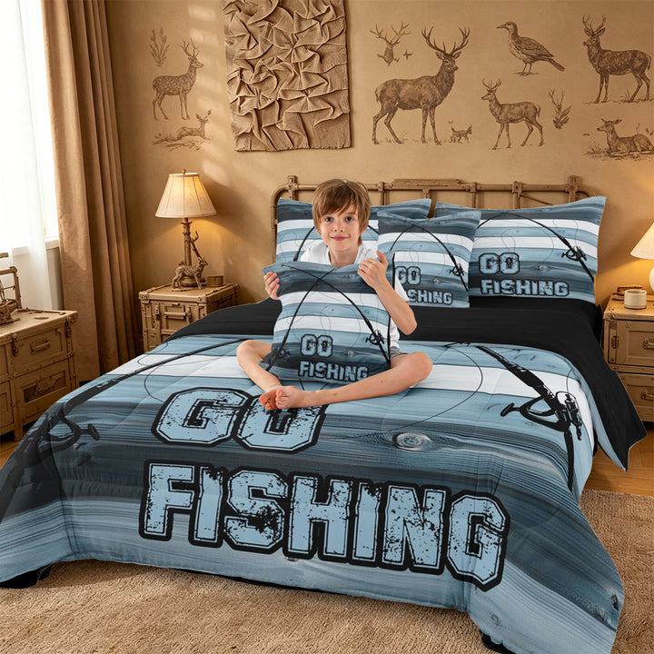 meiyoeat Go Fishing Stripe 7 Pieces Full Size Bedding Sets For Kids,Blue Wood Fishing Full Size Bed in a Bag For Boys,Black Reversible