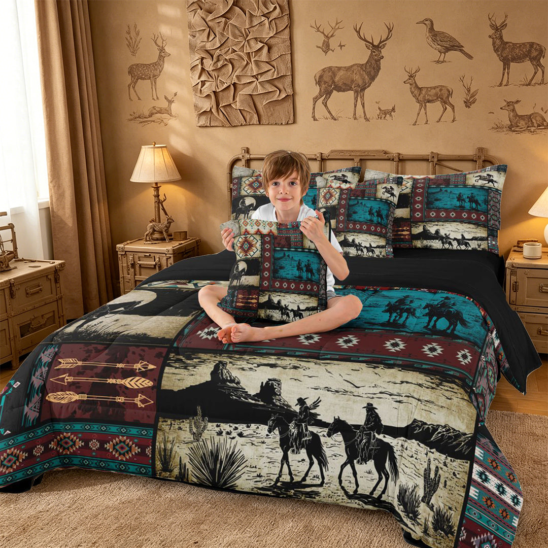 meiyoeat Western Cowboy Horse 7-Piece King Bedding,Vintage Aztec Geometric Print King Bed in a Bag For Adult,Black Reversible