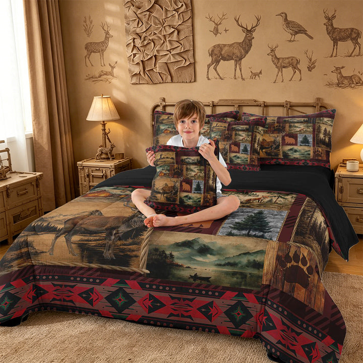meiyoeat Rustic Cabin Deer 7-Piece King Bedding,Jungle Wildlife King Bed in a Bag For Men Women,Black Reversible