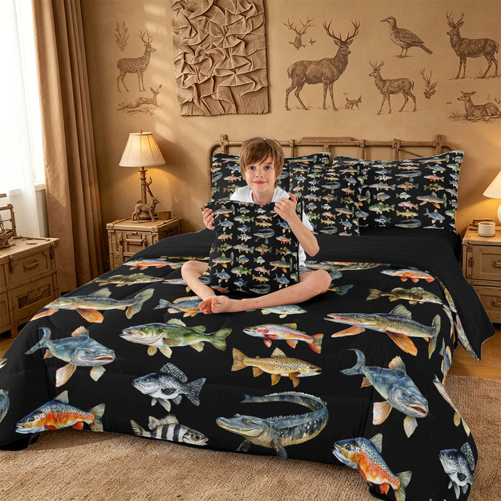 meiyoeat Cute Pike Fish 7 Pieces Full Size Bedding Sets For Boys,Black Watercolor Print Full Size Bed in a Bag Kids,Black Reversible