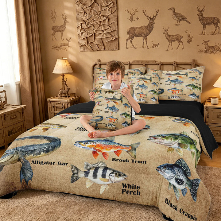 meiyoeat Vintage Pike Fish 7 Pieces Full Size Bedding Sets For Kids Boys,Rustic Farmhouse Hunting Full Size Bed in a Bag Men,Black Reversible
