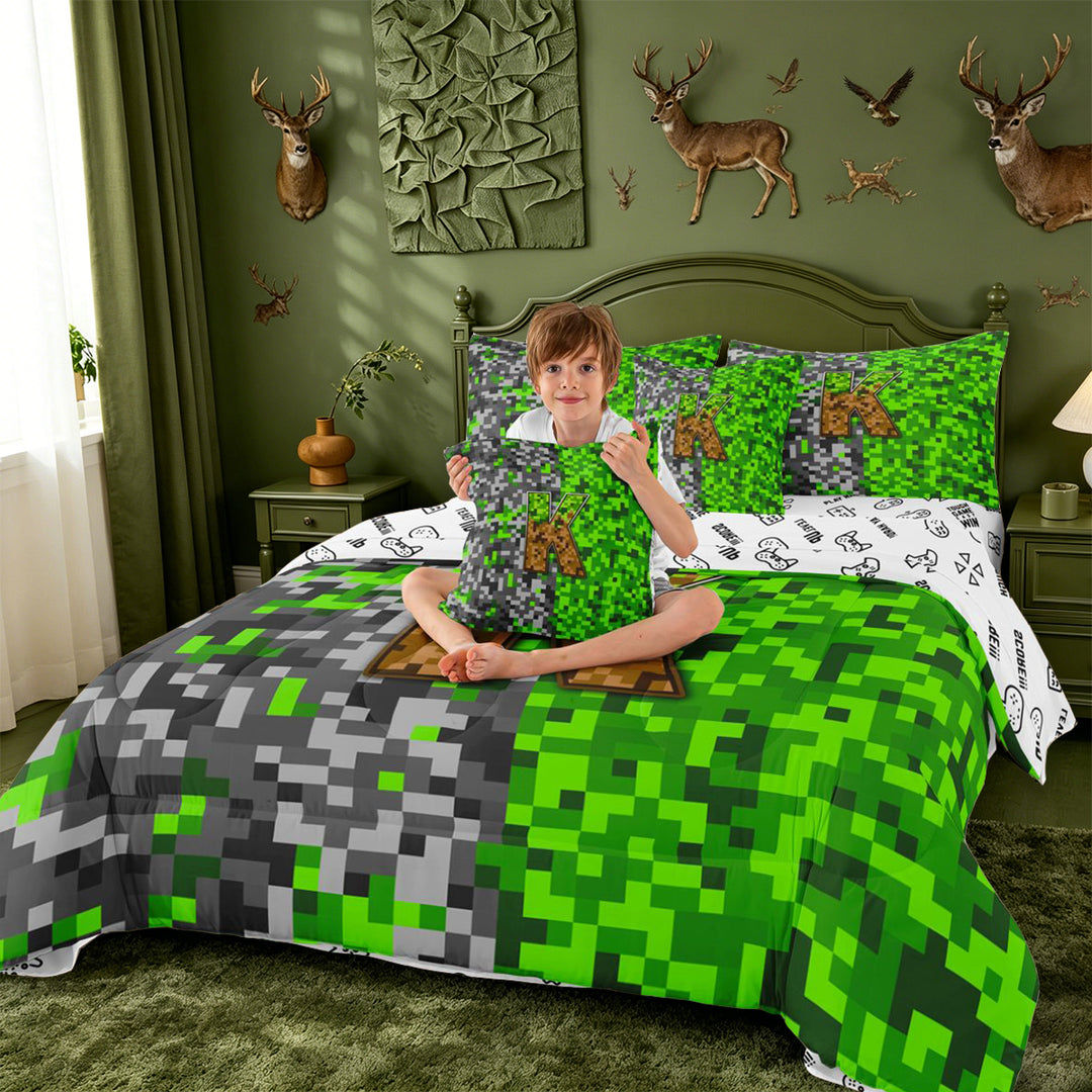 meiyoeat Miners Video Game 7 Pieces Full Size Bedding Sets For Boys,Green Gray Pixelated Check Letter K Full Size Bed in a Bag,Reversible