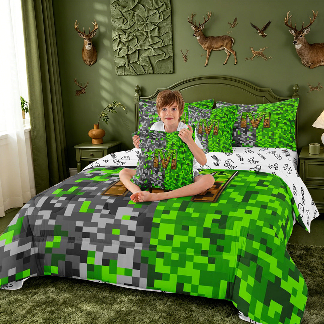 meiyoeat Classic Pixel Miner Games 7 Pieces Full Size Bedding Sets For Boys,Monogram Letter M Full Size Bed in a Bag,Reversible