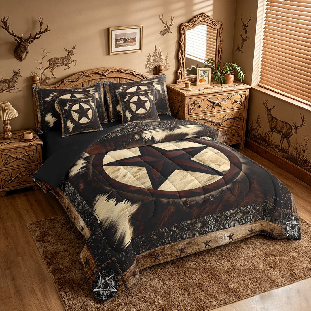 meiyoeat Vintage Cattle Hide 7-Piece King Bedding For Boys,Rustic Western Cowboy King Bed in a Bag For Kids,Black Reversible
