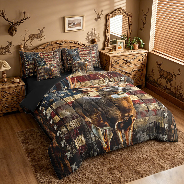meiyoeat Vintage Flag Deer 7-Piece King Bedding, Rustic Hunting Print King Bed in a Bag For Boys,Black Reversible
