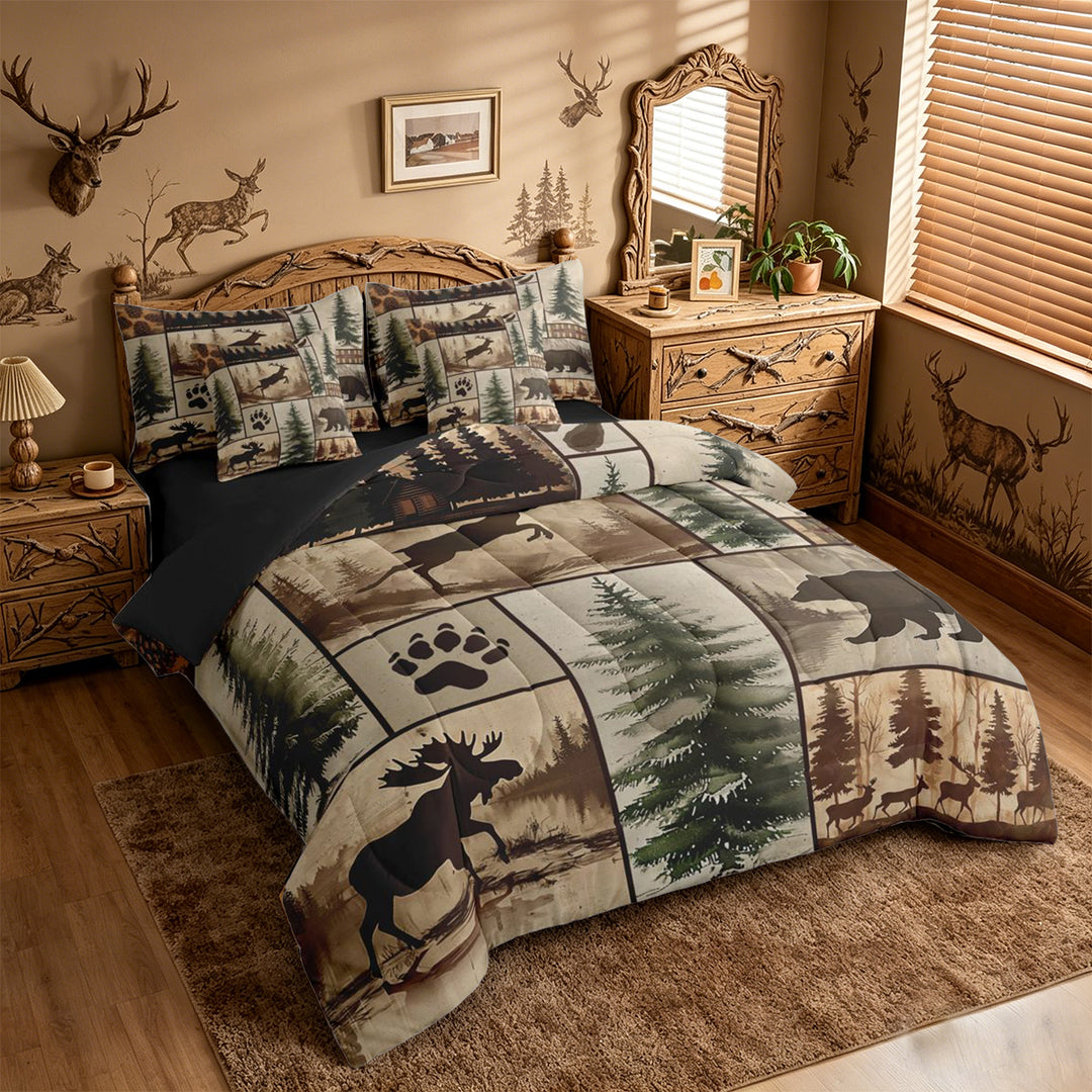 meiyoeat Rustic Farmhouse Cabin 7-Piece King Bedding For Boys,Jungle Wildlife Deer Bear King Bed in a Bag For Kids,Black Reversible