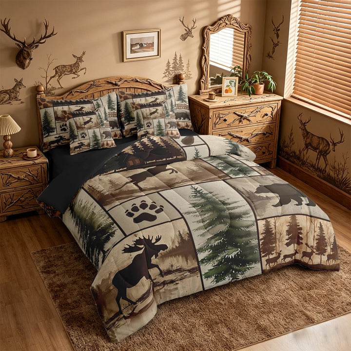 meiyoeat Rustic Farmhouse Cabin 7-Piece King Bedding For Boys,Jungle Wildlife Deer Bear King Bed in a Bag For Kids,Black Reversible