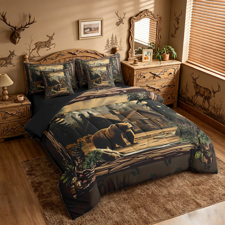 meiyoeat Rustic Cabin Bear 7-Piece King Bedding For Boys,Jungle Animal Theme King Bed in a Bag For Adults,Black Reversible