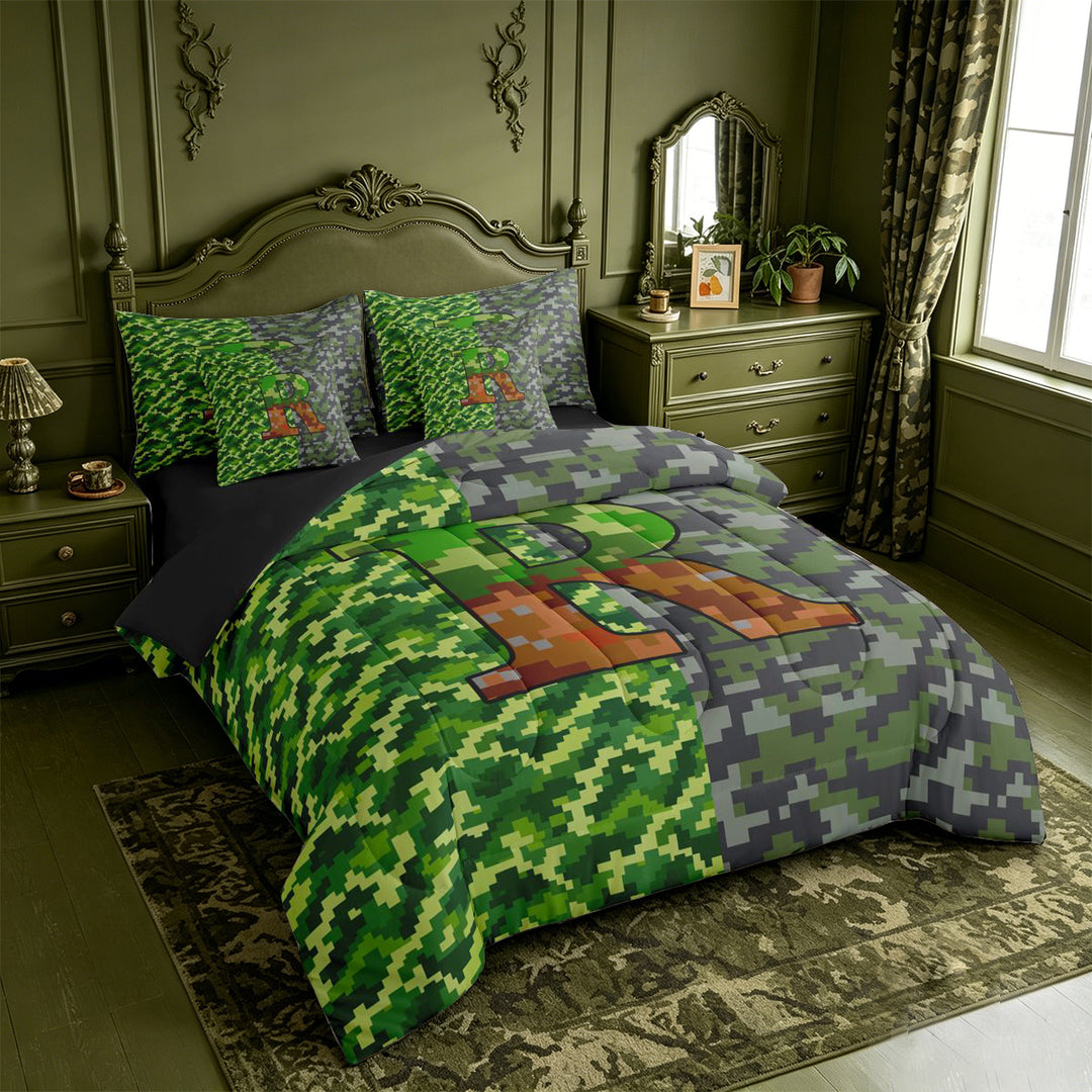 meiyoeat Personalized Pixelated Monogram R 7 Pieces Full Size Bedding Sets For Boys,Geometric Plaid Buffalo Initial Full Size Bed in a Bag,Black Reversible