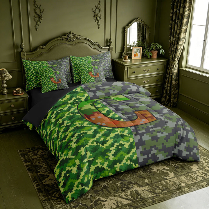 meiyoeat Pixel Game Monogrammed G 7 Pieces Full Size Bedding Sets For Boys,Abstract Geometric Grid Camouflage Print Full Size Bed in a Bag,Black Reversible