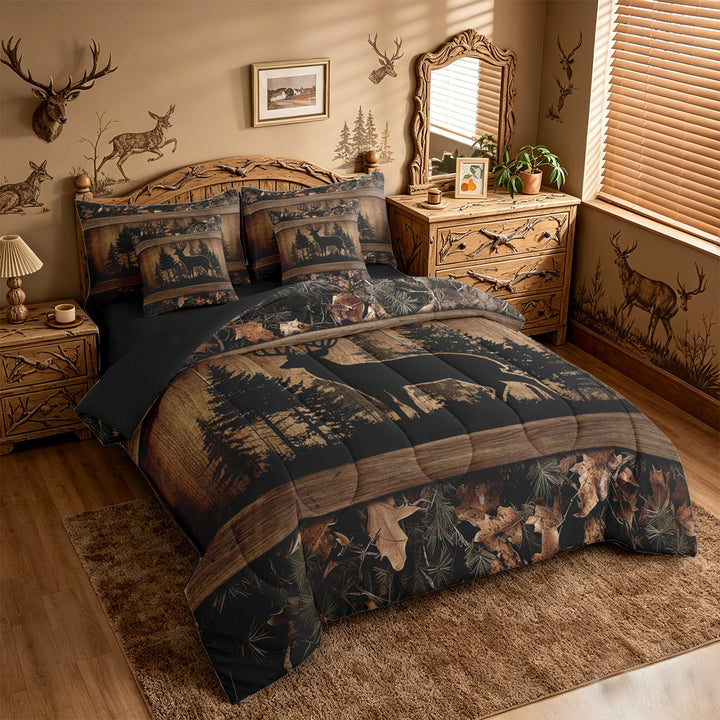 meiyoeat Jungle Animal Deer 7-Piece King Bedding For Adults,Rustic Plant Pine Tree King Bed in a Bag For Men,Black Reversible