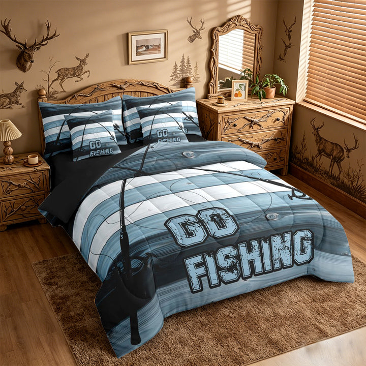 meiyoeat Go Fishing Stripe 7 Pieces Full Size Bedding Sets For Kids,Blue Wood Fishing Full Size Bed in a Bag For Boys,Black Reversible