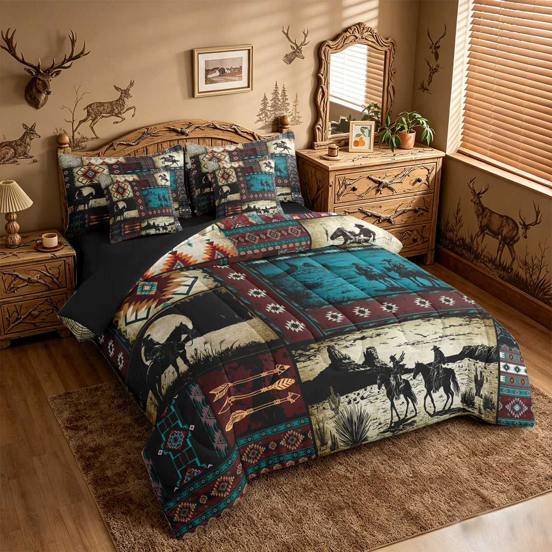 meiyoeat Western Cowboy Horse 7-Piece King Bedding,Vintage Aztec Geometric Print King Bed in a Bag For Adult,Black Reversible