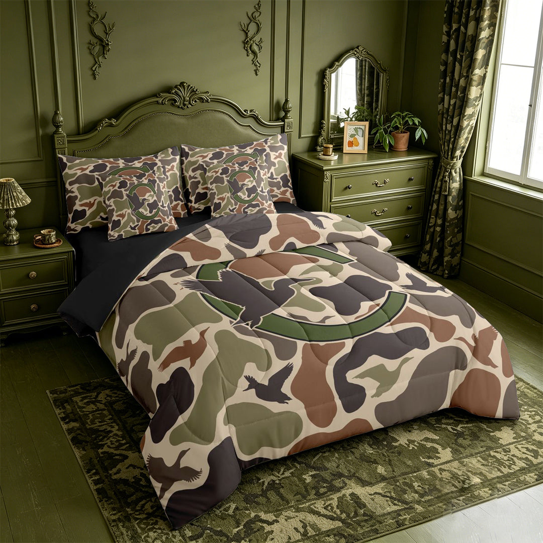 meiyoeat Camouflage Hunting Monogram C 7 Pieces Full Size Bedding Sets For Boys,Rustic Farmhouse Mallard Full Size Bed in a Bag,Black Reversible