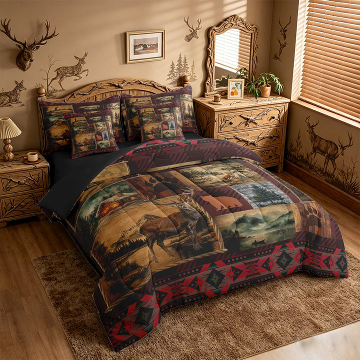 meiyoeat Rustic Cabin Deer 7-Piece King Bedding,Jungle Wildlife King Bed in a Bag For Men Women,Black Reversible