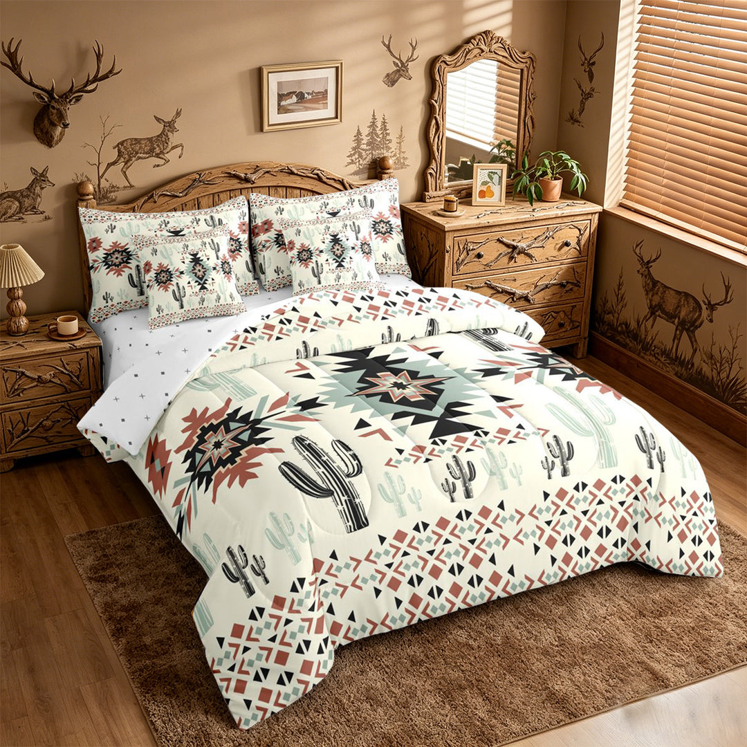 meiyoeat Rustic Western Aztec Print 7-Piece King Bedding For Adults,Desert Botanical Cactus King Bed in a Bag For Men Women,Reversible