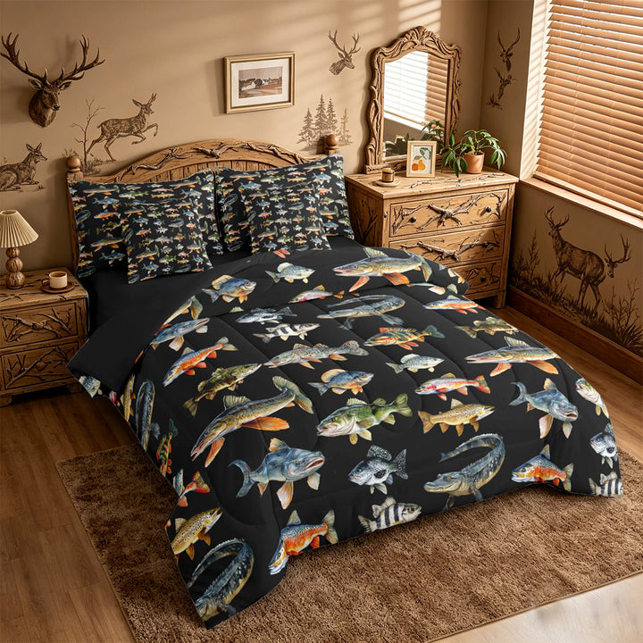 meiyoeat Cute Pike Fish 7 Pieces Full Size Bedding Sets For Boys,Black Watercolor Print Full Size Bed in a Bag Kids,Black Reversible