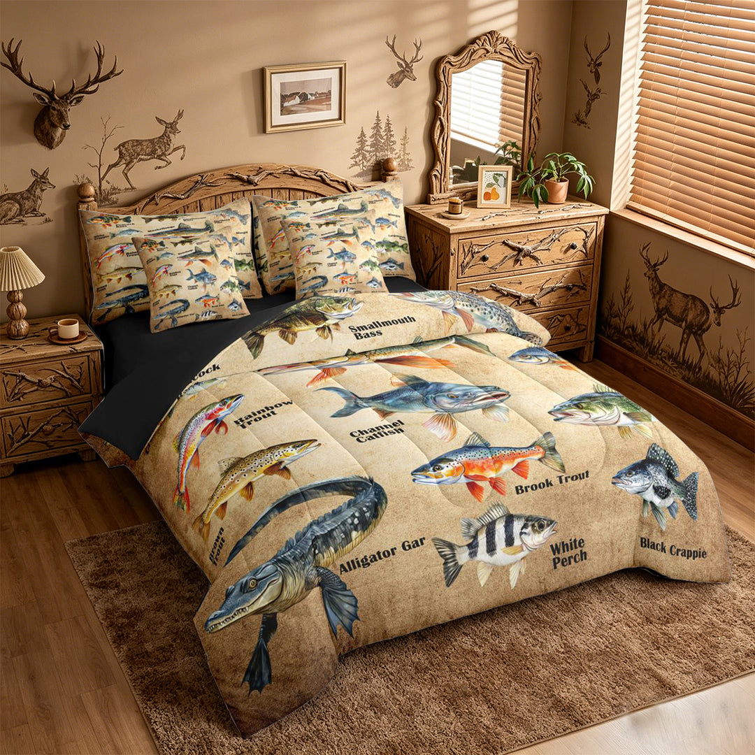 meiyoeat Vintage Pike Fish 7 Pieces Full Size Bedding Sets For Kids Boys,Rustic Farmhouse Hunting Full Size Bed in a Bag Men,Black Reversible