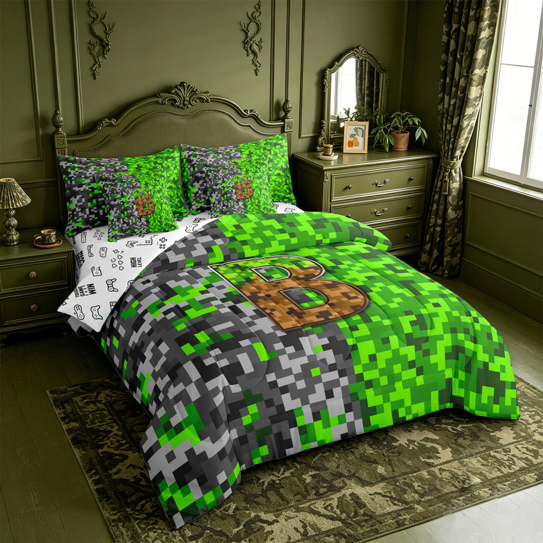 meiyoeat Retro Pixel Gamer Print 7 Pieces Full Size Bedding Sets For Boys,Personalized Initial Letter B Full Size Bed in a Bag,Reversible