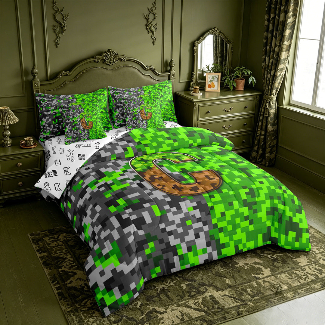 meiyoeat Gamer Pixel Art Print 7 Pieces Full Size Bedding Sets For Boys,Personalized Initial Letter C Full Size Bed in a Bag,Reversible
