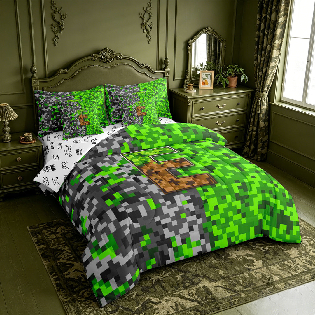 meiyoeat Pixel Adventure Game Print 7 Pieces Full Size Bedding Sets For Boys,Personalized Initial Letter E Full Size Bed in a Bag,Reversible
