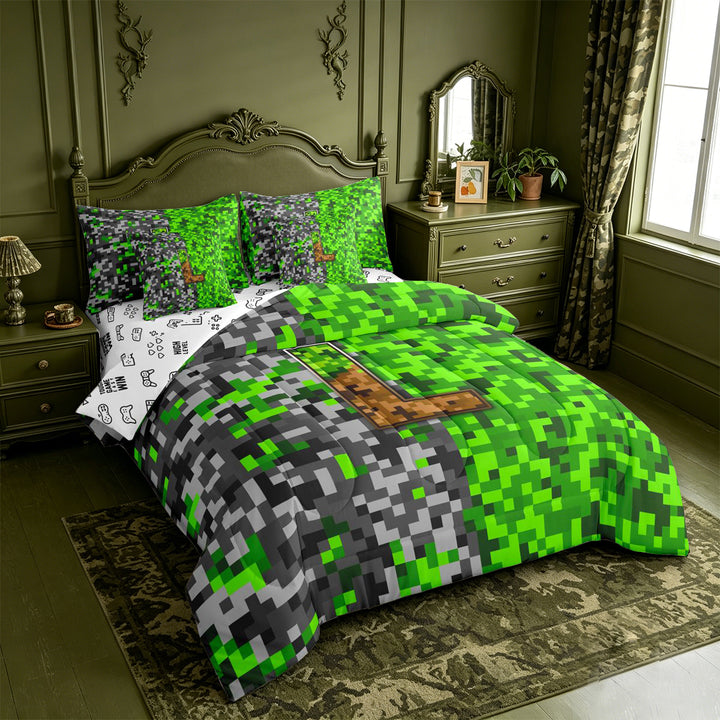 meiyoeat Teens Video Games 7 Pieces Full Size Bedding Sets For Boys,Pixel Miner Theme Initial Latter L Full Size Bed in a Bag,Reversible