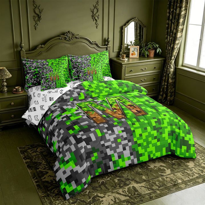 meiyoeat Classic Pixel Miner Games 7 Pieces Full Size Bedding Sets For Boys,Monogram Letter M Full Size Bed in a Bag,Reversible