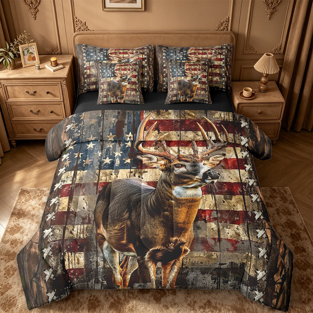 meiyoeat Vintage Flag Deer 7-Piece King Bedding, Rustic Hunting Print King Bed in a Bag For Boys,Black Reversible