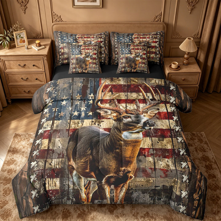 meiyoeat Vintage Flag Deer 7-Piece King Bedding, Rustic Hunting Print King Bed in a Bag For Boys,Black Reversible