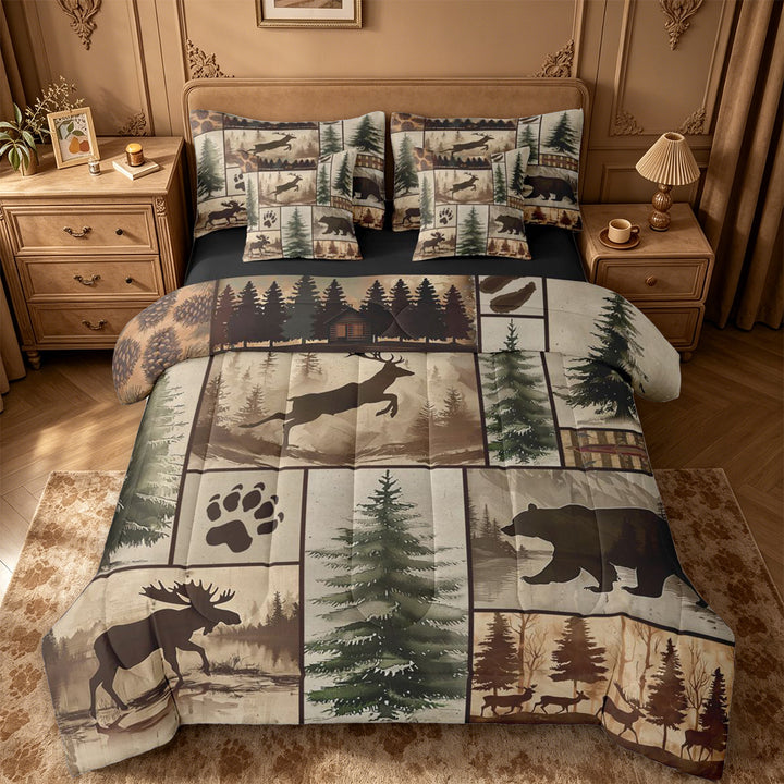 meiyoeat Rustic Farmhouse Cabin 7-Piece King Bedding For Boys,Jungle Wildlife Deer Bear King Bed in a Bag For Kids,Black Reversible