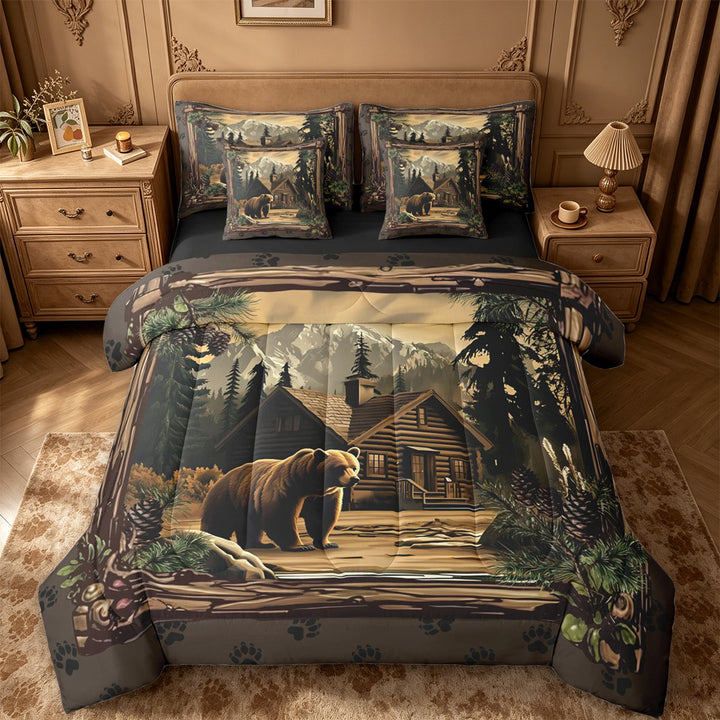 meiyoeat Rustic Cabin Bear 7-Piece King Bedding For Boys,Jungle Animal Theme King Bed in a Bag For Adults,Black Reversible