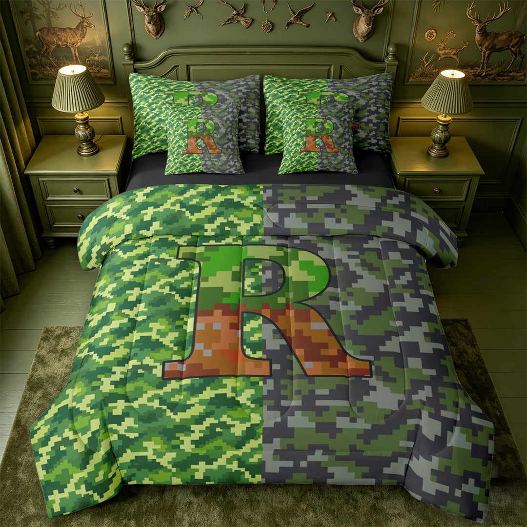 meiyoeat Personalized Pixelated Monogram R 7 Pieces Full Size Bedding Sets For Boys,Geometric Plaid Buffalo Initial Full Size Bed in a Bag,Black Reversible