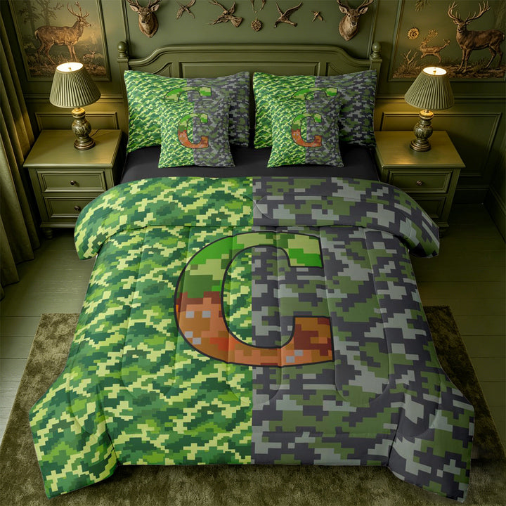 meiyoeat Pixel Game Monogrammed G 7 Pieces Full Size Bedding Sets For Boys,Abstract Geometric Grid Camouflage Print Full Size Bed in a Bag,Black Reversible