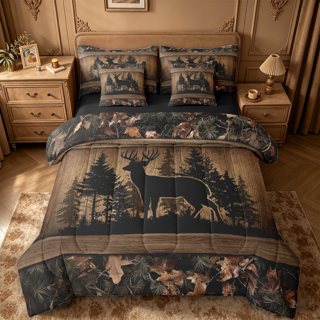 meiyoeat Jungle Animal Deer 7-Piece King Bedding For Adults,Rustic Plant Pine Tree King Bed in a Bag For Men,Black Reversible