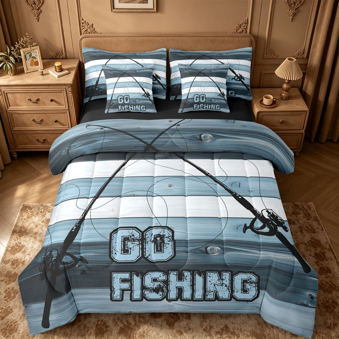 meiyoeat Go Fishing Stripe 7 Pieces Full Size Bedding Sets For Kids,Blue Wood Fishing Full Size Bed in a Bag For Boys,Black Reversible