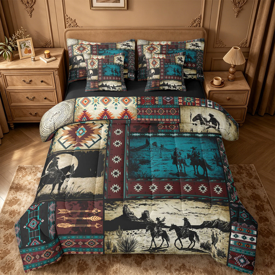 meiyoeat Western Cowboy Horse 7-Piece King Bedding,Vintage Aztec Geometric Print King Bed in a Bag For Adult,Black Reversible