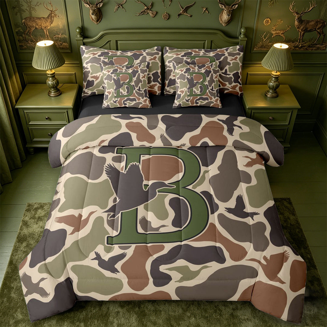 meiyoeat Camouflage Themed Initial B 7 Pieces Full Size Bedding Sets For Boys,Rustic Mallard Duck Full Size Bed in a Bag,Black Reversible